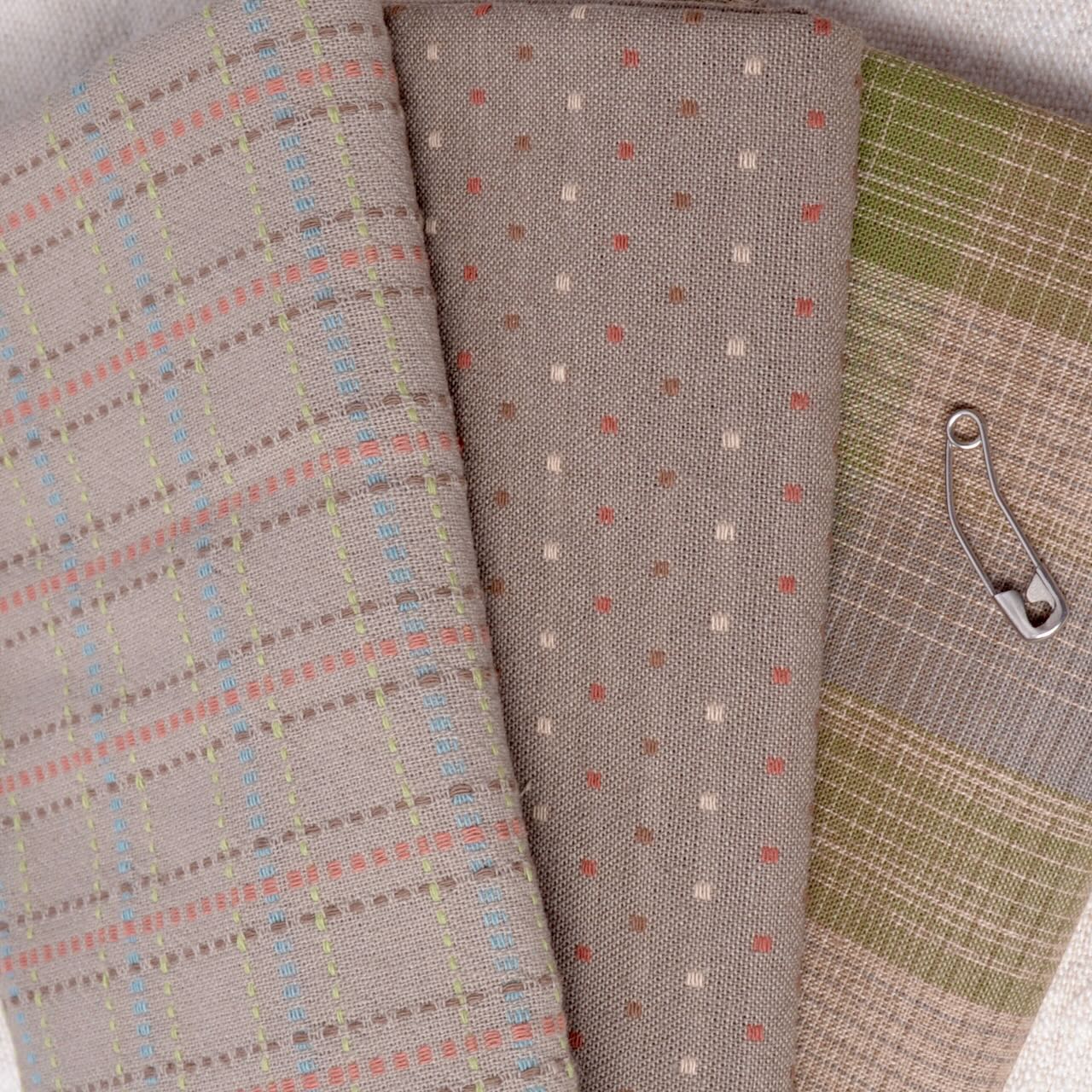 Dyed Yarn Cotton Fabric Bundle of 3, Taupe Green/Grey