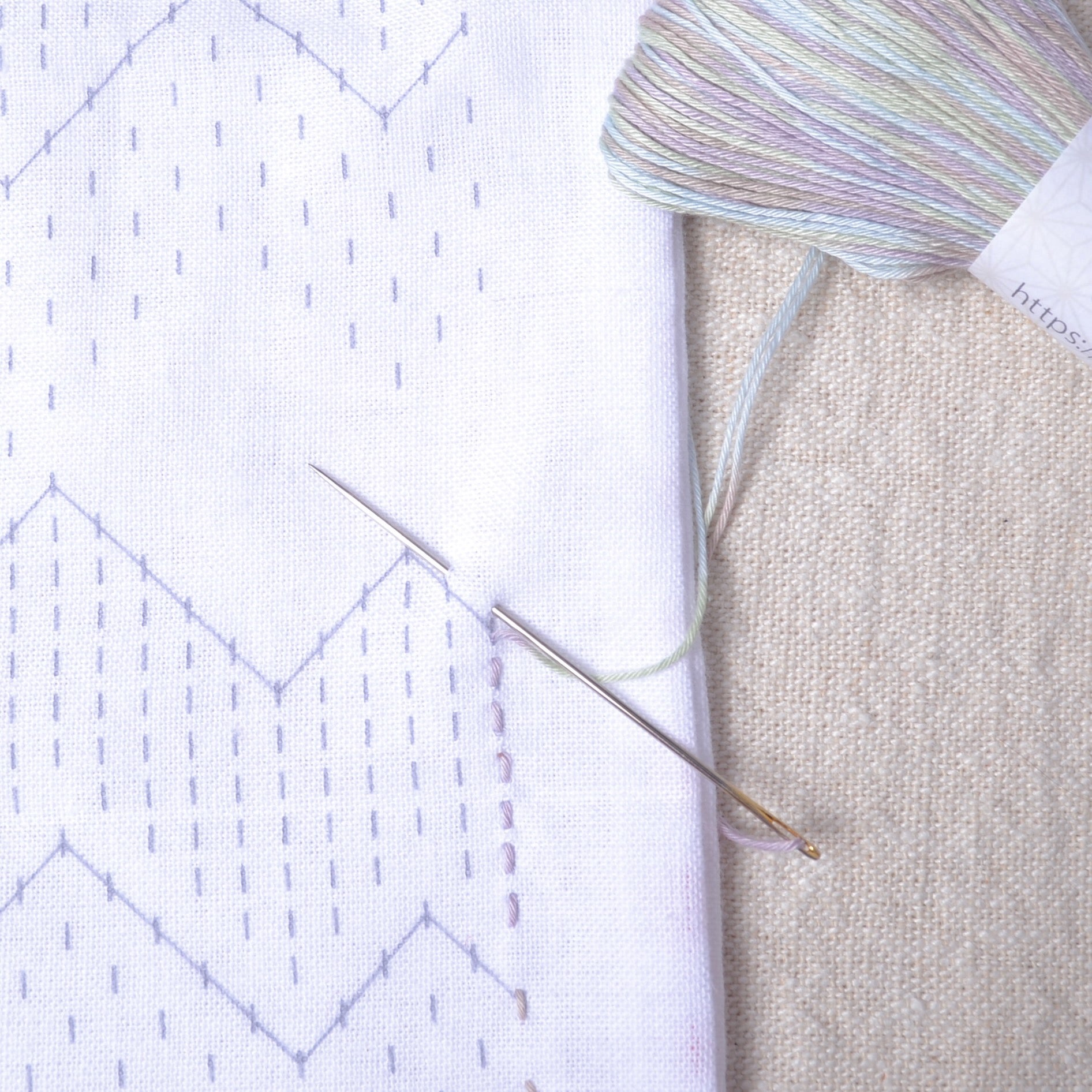 carrying stitches on Sashiko Sampler, Textile Lab "Peaks" ready to stitch fabric