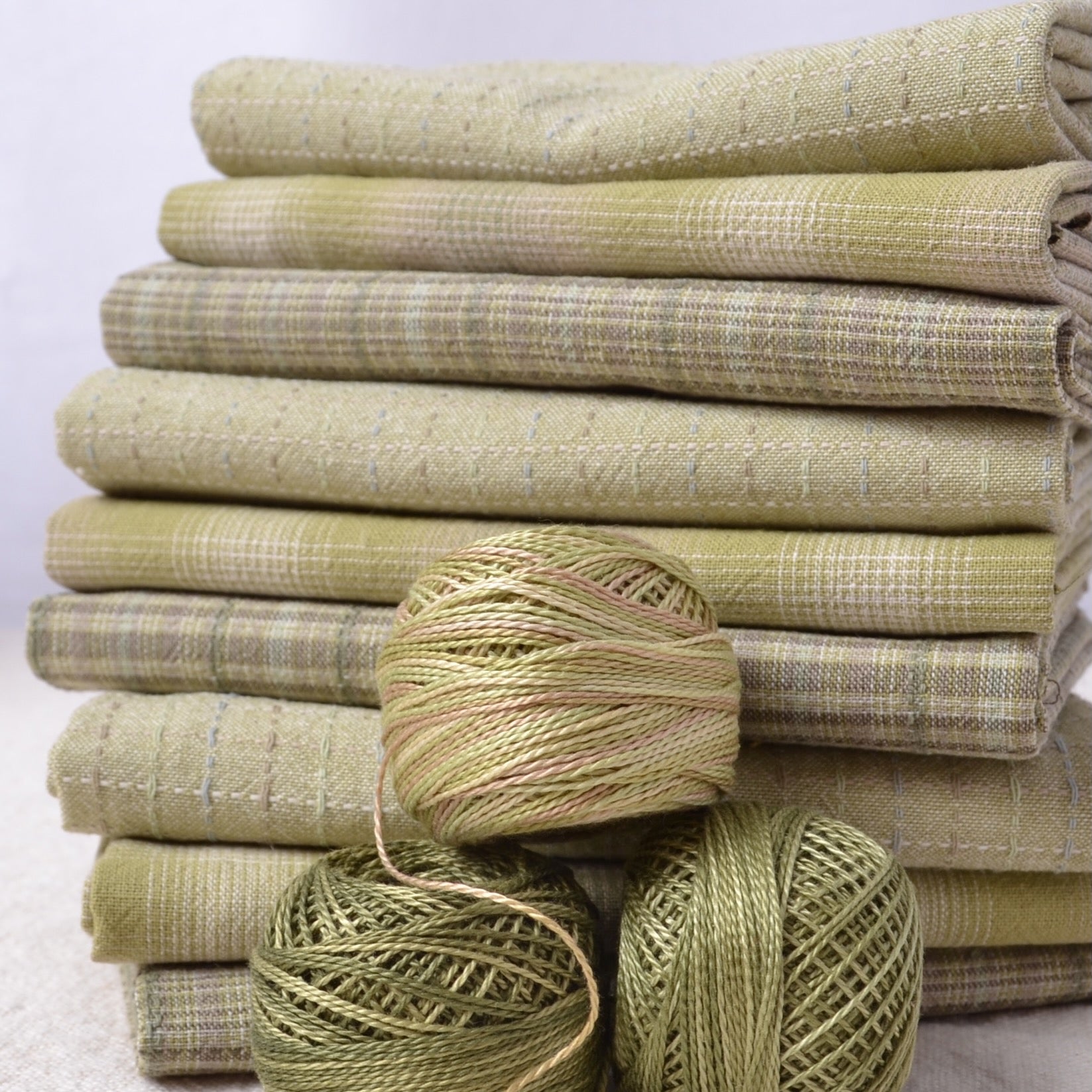 green dued yarn cotton fabric with valdani #8 perle cotton yarn