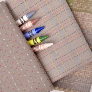 Dyed Yarn Cotton Fabric Bundle of 3, Taupe Green/Grey with crayons to help judge colour