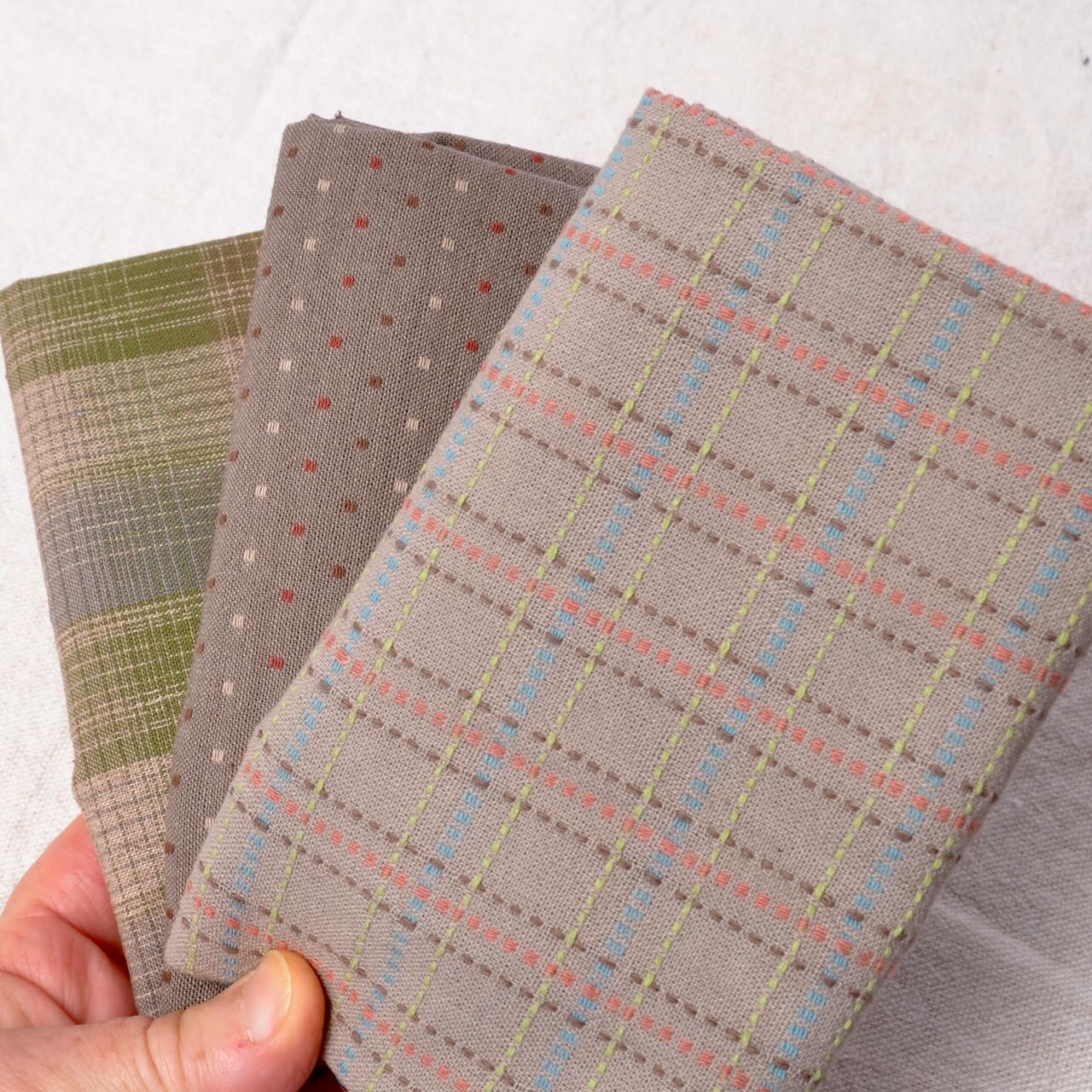 Dyed Yarn Cotton Fabric Bundle of 3, Taupe Green/Grey