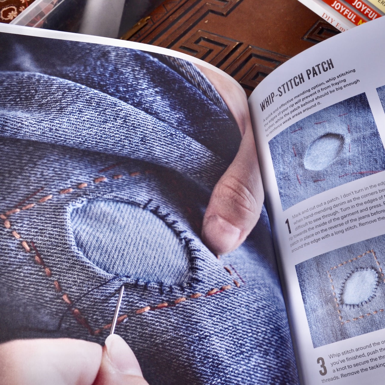 how to mend denim with a whip stitch inJean Genius, Book by Janelle Hanna