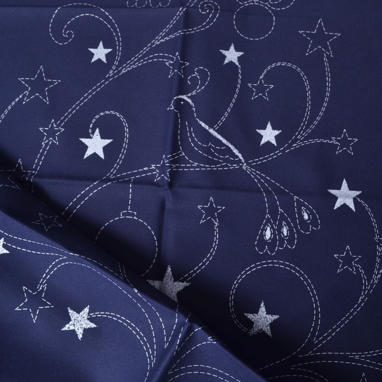 Sashiko Panel, Christmas with Love birds and decorated Christmas tree