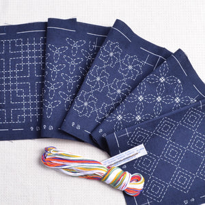 Sashiko coaster kit, 5 designs with thread and needle, english directions