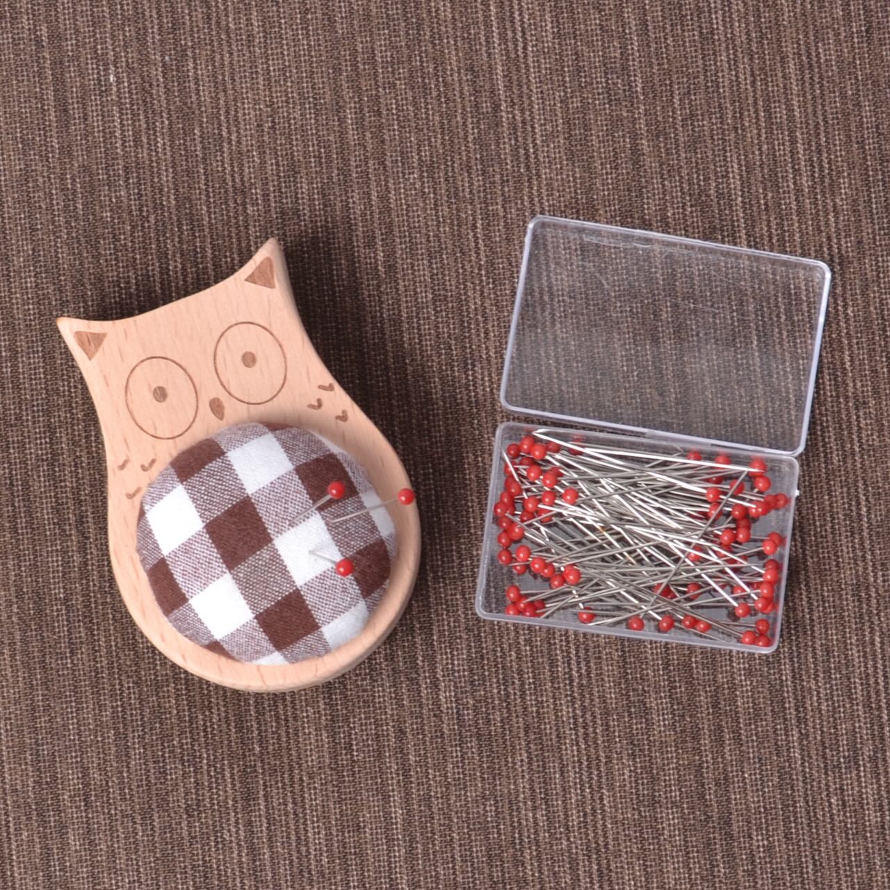 Solid Wood Pincushion with pins "Brown Owl"