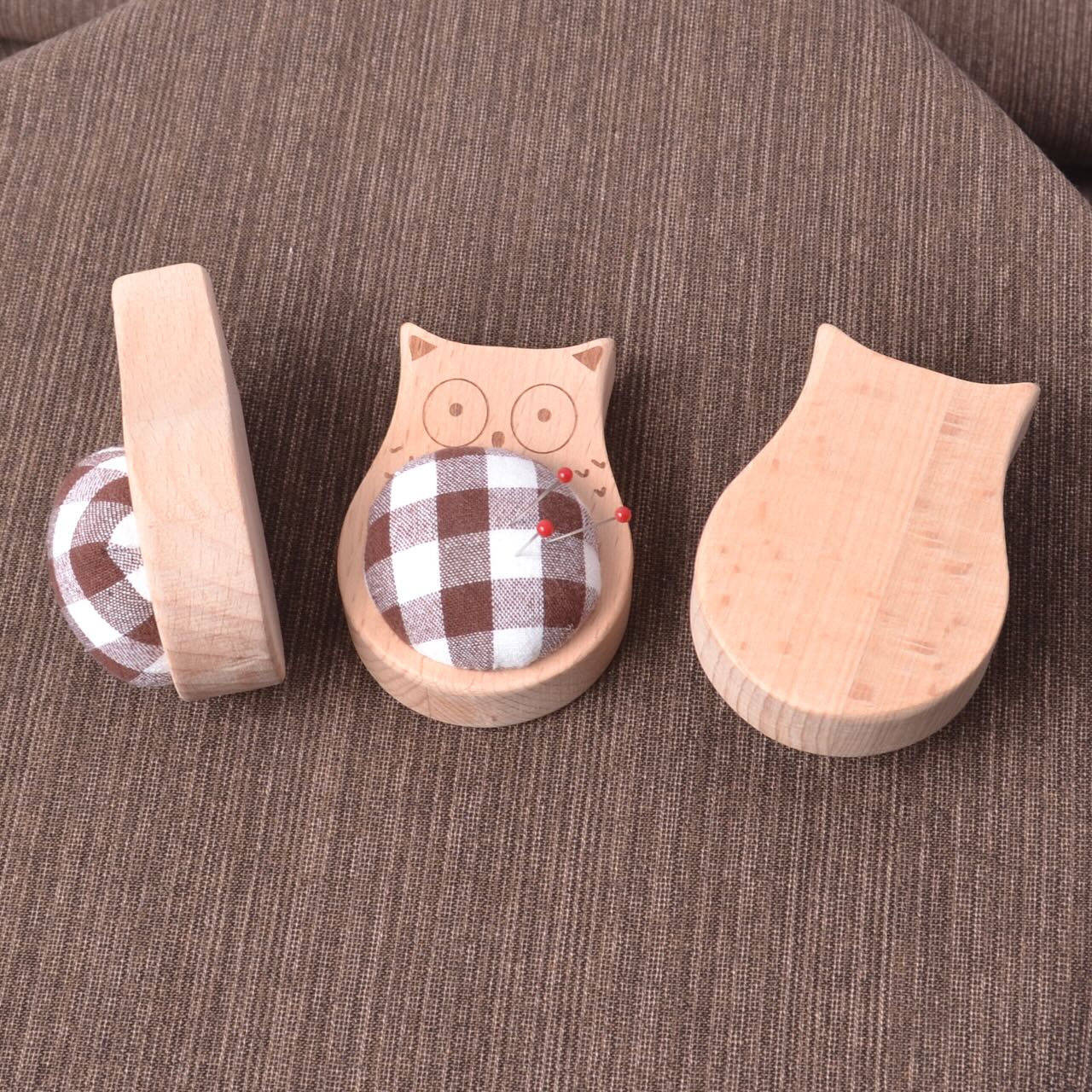 showing all sides of Solid Wood Pincushion with pins "Brown Owl"