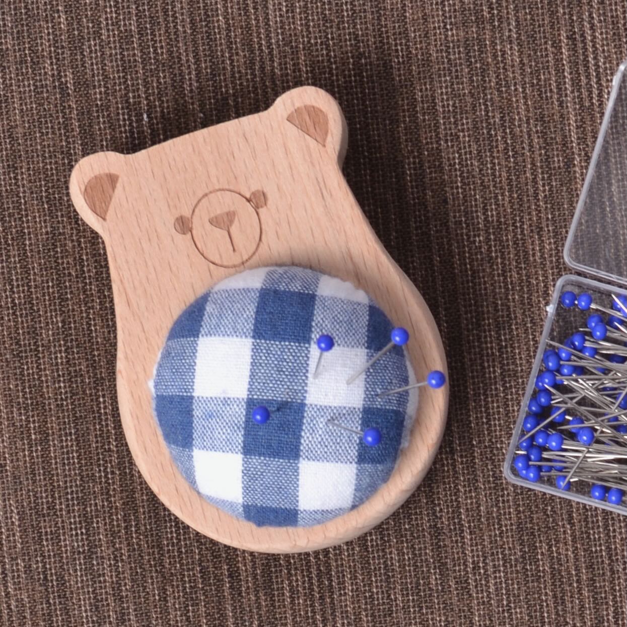 Solid Wood Pincushion with pins "Blue Bear"