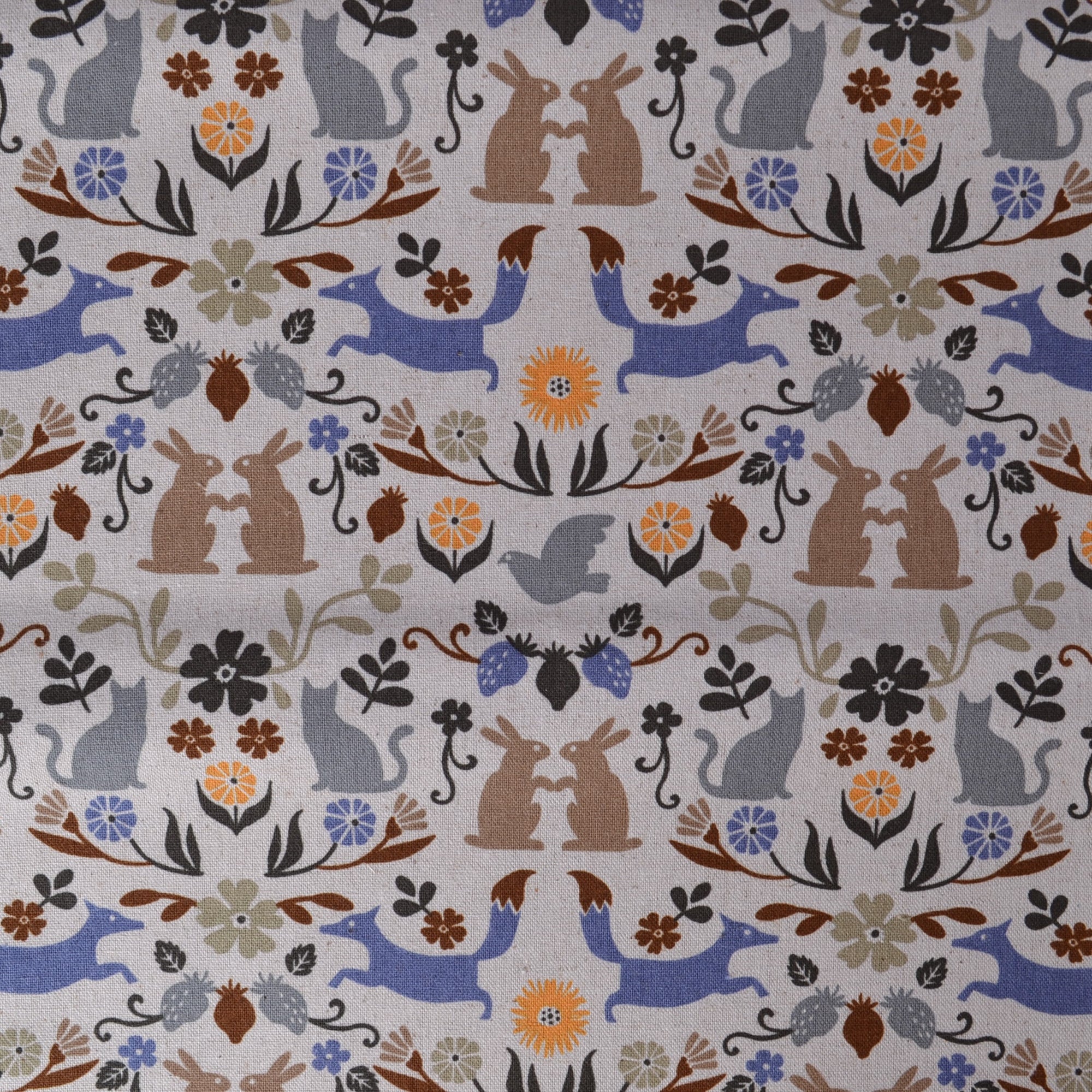 Cats, Rabbits, Foxes & Birds Fabric, Taupe & Blue