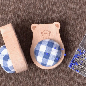 Solid Wood Pincushion with pins "Blue Bear"