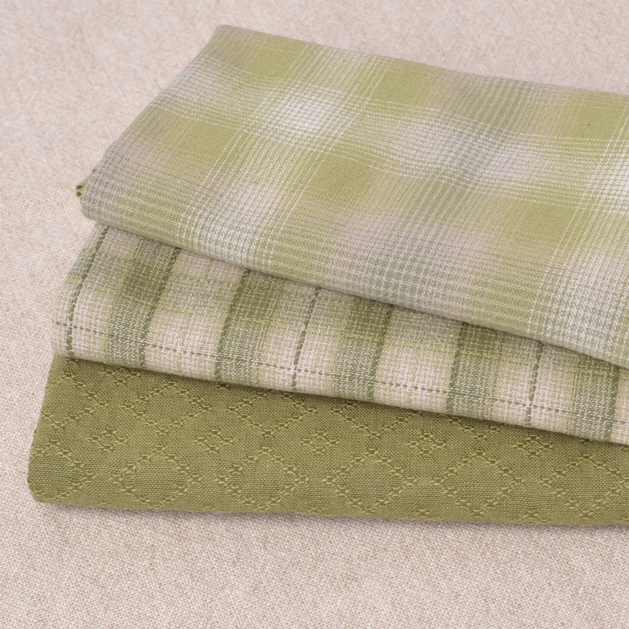 Dyed Yarn Cotton Fabric Bundle of 3, Bright Fern Greens