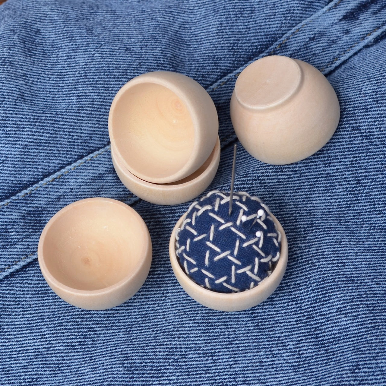 wood pin cushion bowl with sashiko stitching