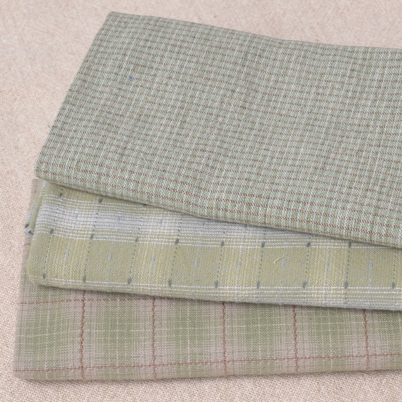 Dyed Yarn Cotton Fabric Bundle of 3, Pistachio Greens