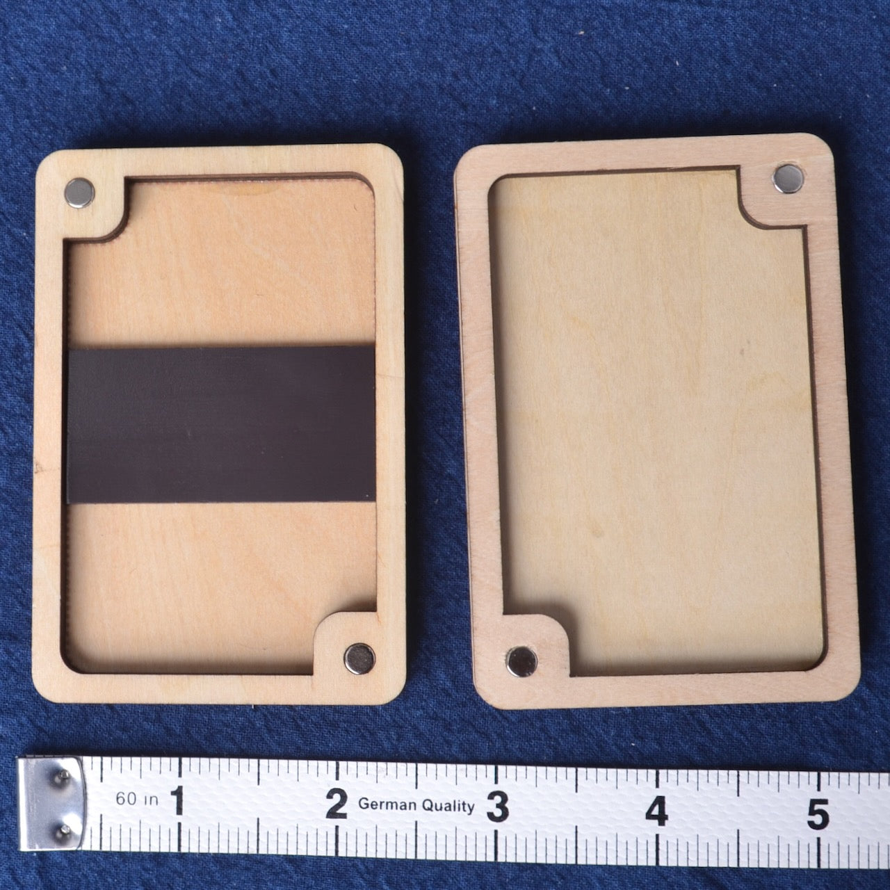 inside wood sewing needle storage box  with magnetic strip  and corners