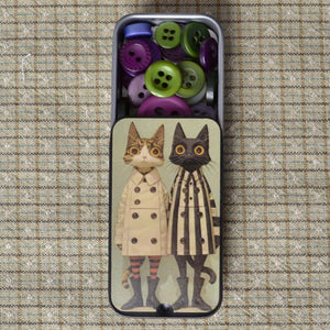 sewing notion tin, Cats in Trench Coats