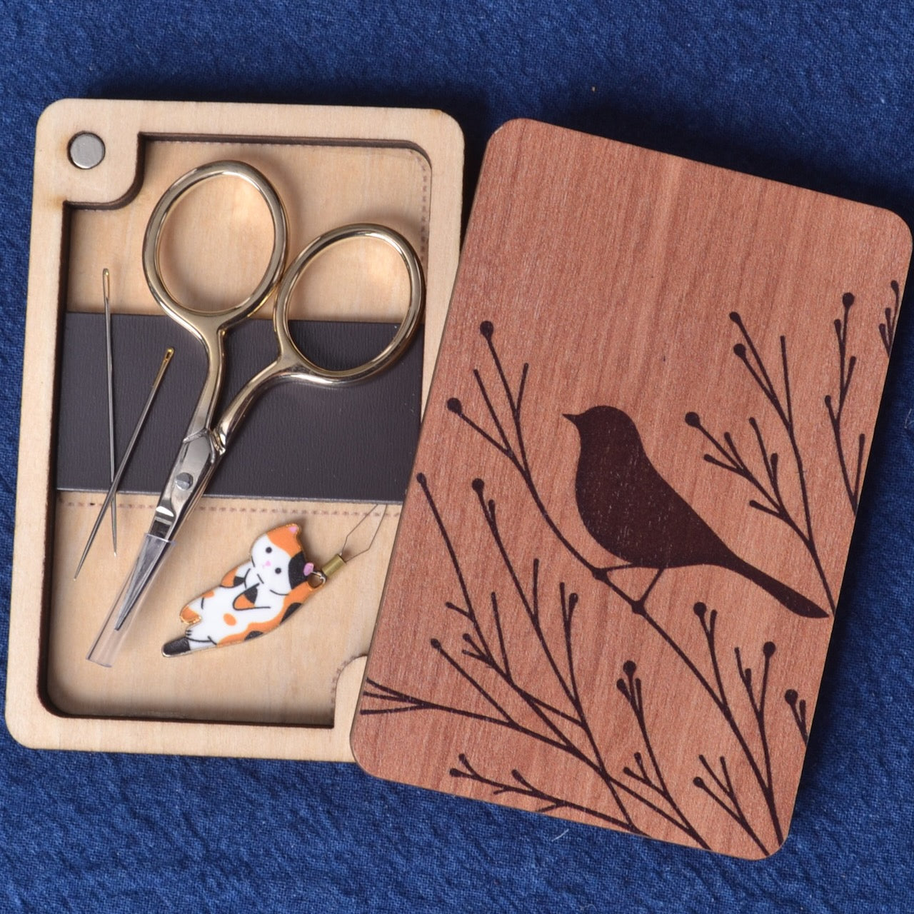 Wooden Sewing Kit Box with Scissors, Needles & Threader