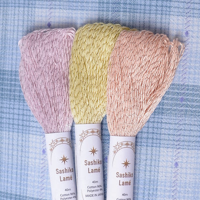  Sashiko Lamé Thread, Pink, Peach & Yellow