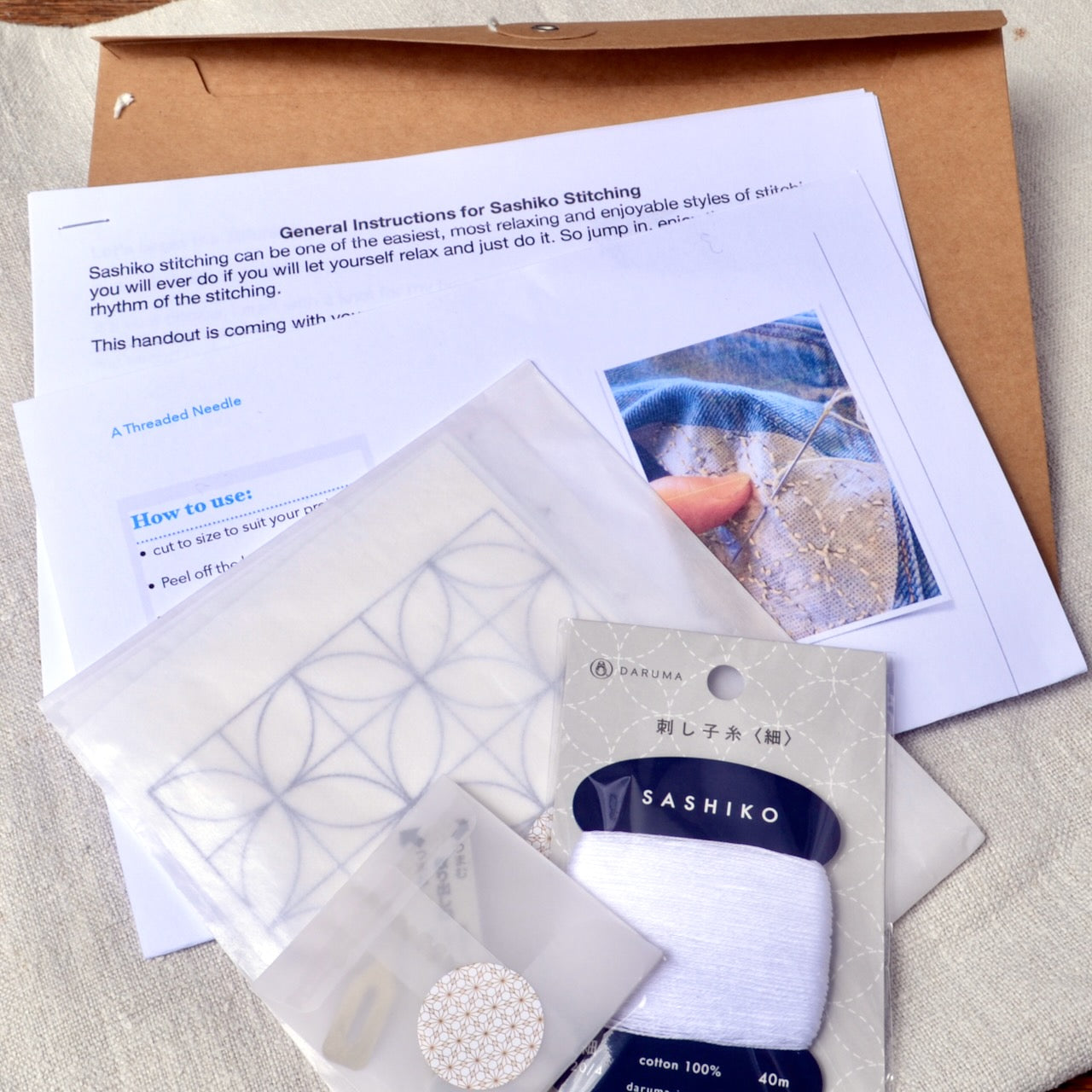 Mending Kit with Six Dissolvable Sashiko Patterns