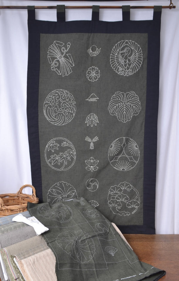 Sashiko Family Crests Panel, Blue Gray 2506 - A Threaded Needle