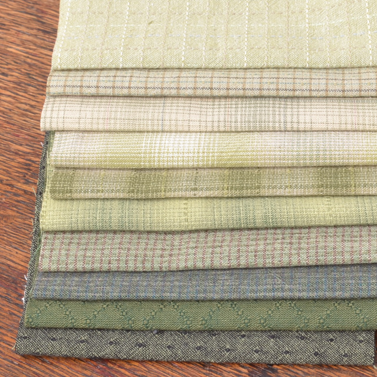 Dyed Yarn Cotton Fabric, 10 Pieces 5" X 21", Assorted Greens