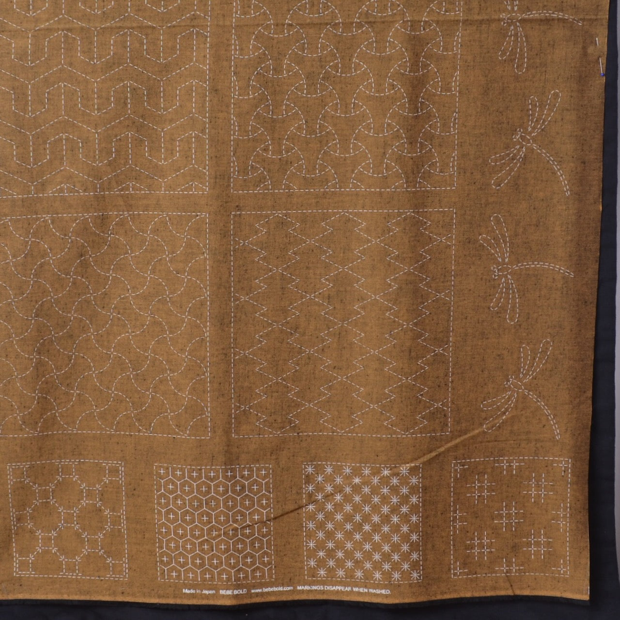 Gold Sashiko Panel, tsmugi fabric