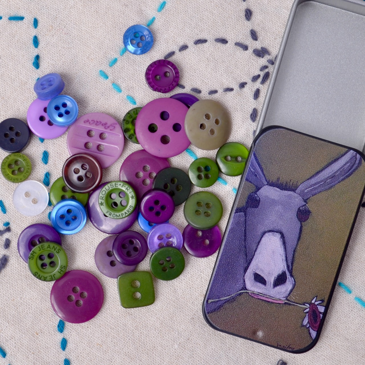 Small Assorted Buttons for your Mending Kit, Donkey Tin