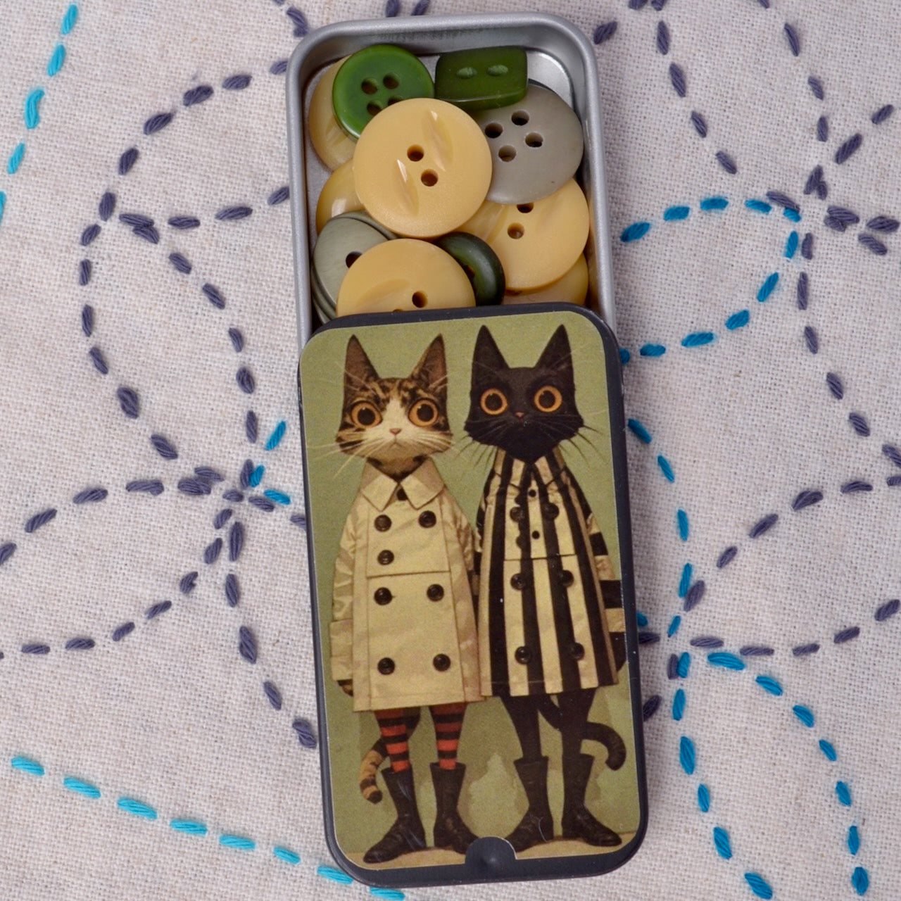 Small Assorted Buttons for your Mending Kit, Cats in Trench Coats