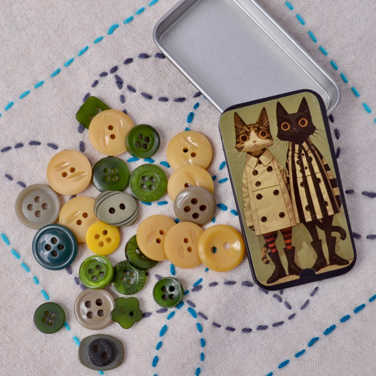 Small Assorted Buttons for your Mending Kit, Cats in Trench Coats