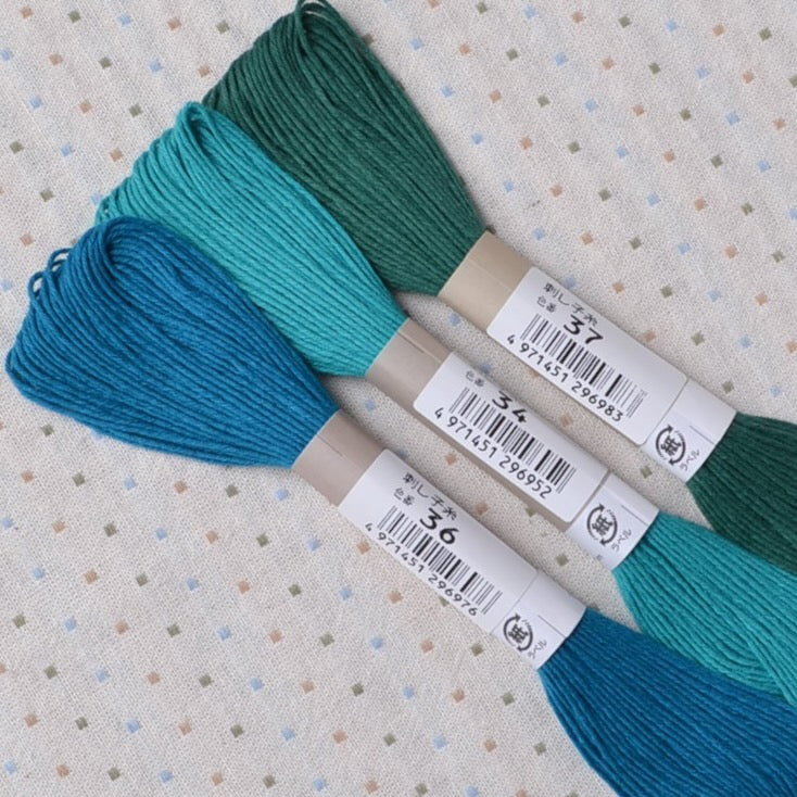 Blue green sashiko threads
