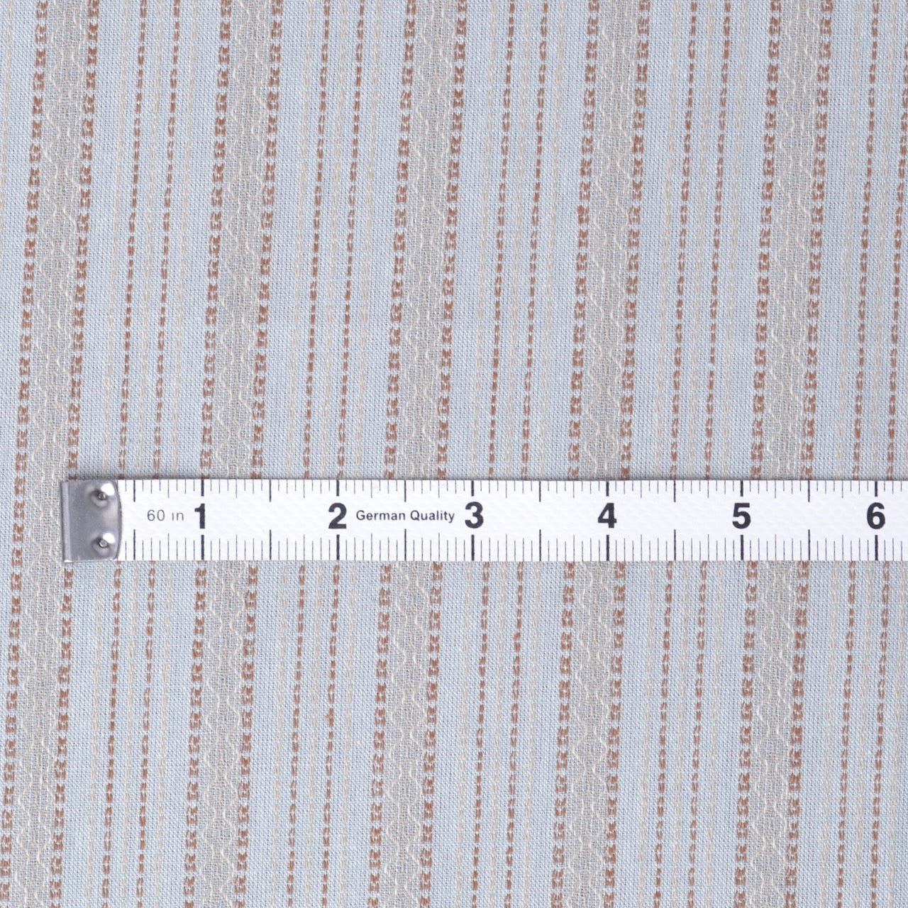 Striped dyed yarn cotton fabric with a measuring tape indicating dimensions