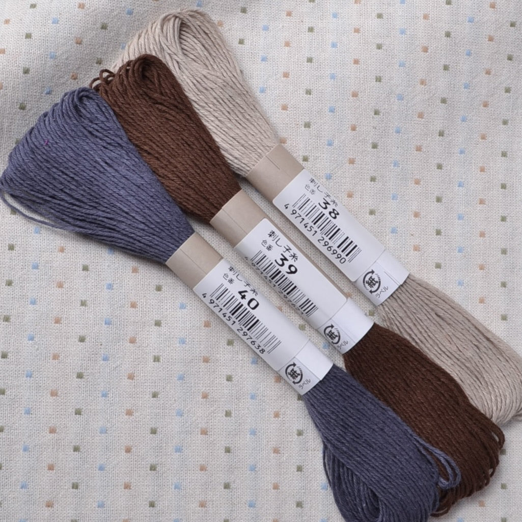 Sashiko Thread, Olympus 20 Meter Skein, Taupe , dark brown, and dark grey