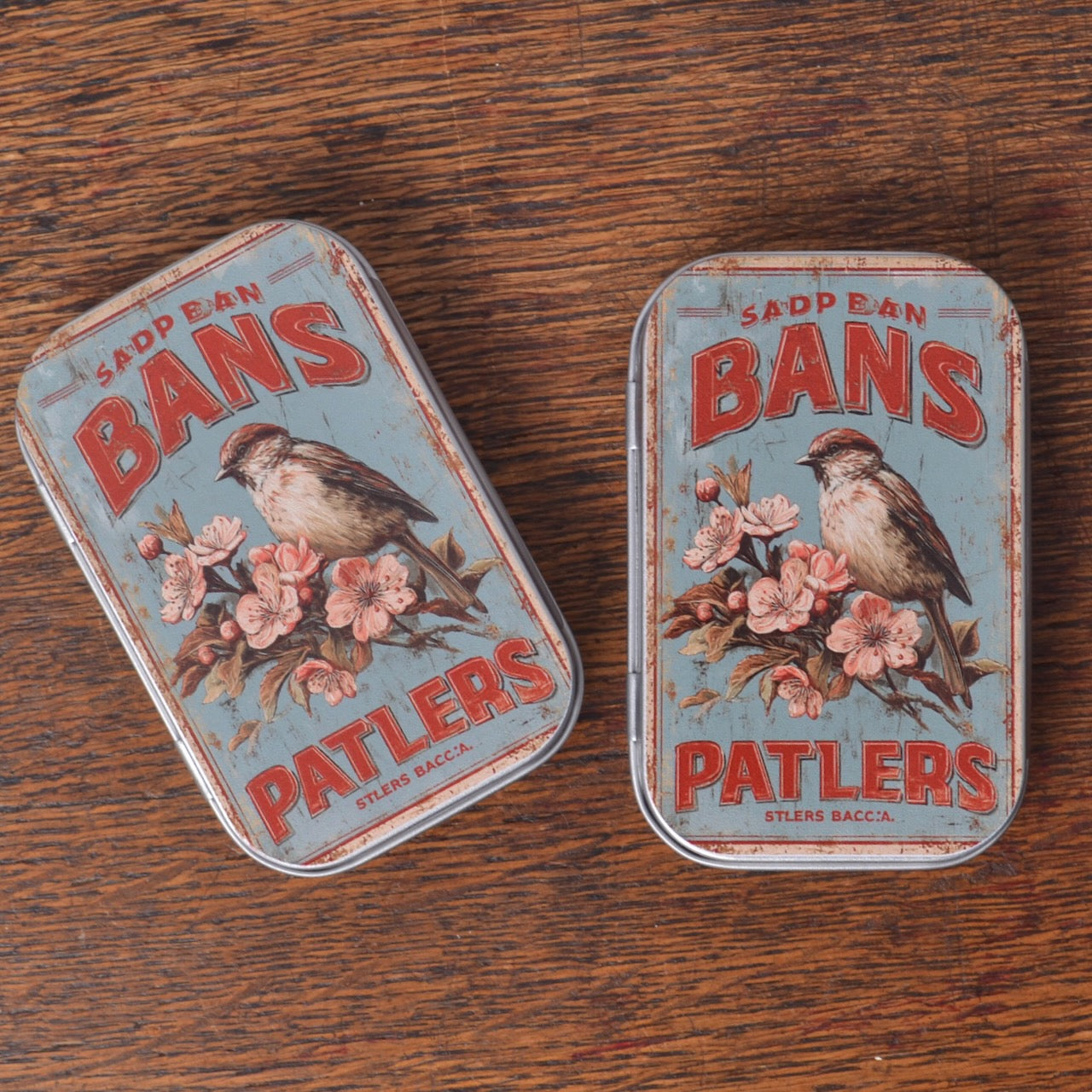 Two vintage-style tins with bird and floral design 