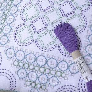 purple sashiko thread and stitched sample