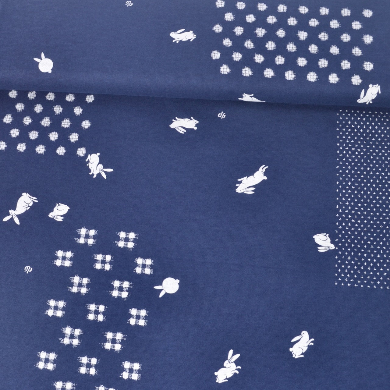 Japanese Printed Kasuri Patterns, Blue, with Bunnies