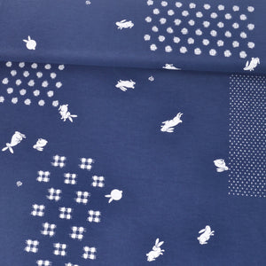 Japanese Printed Kasuri Patterns, Blue, with Bunnies