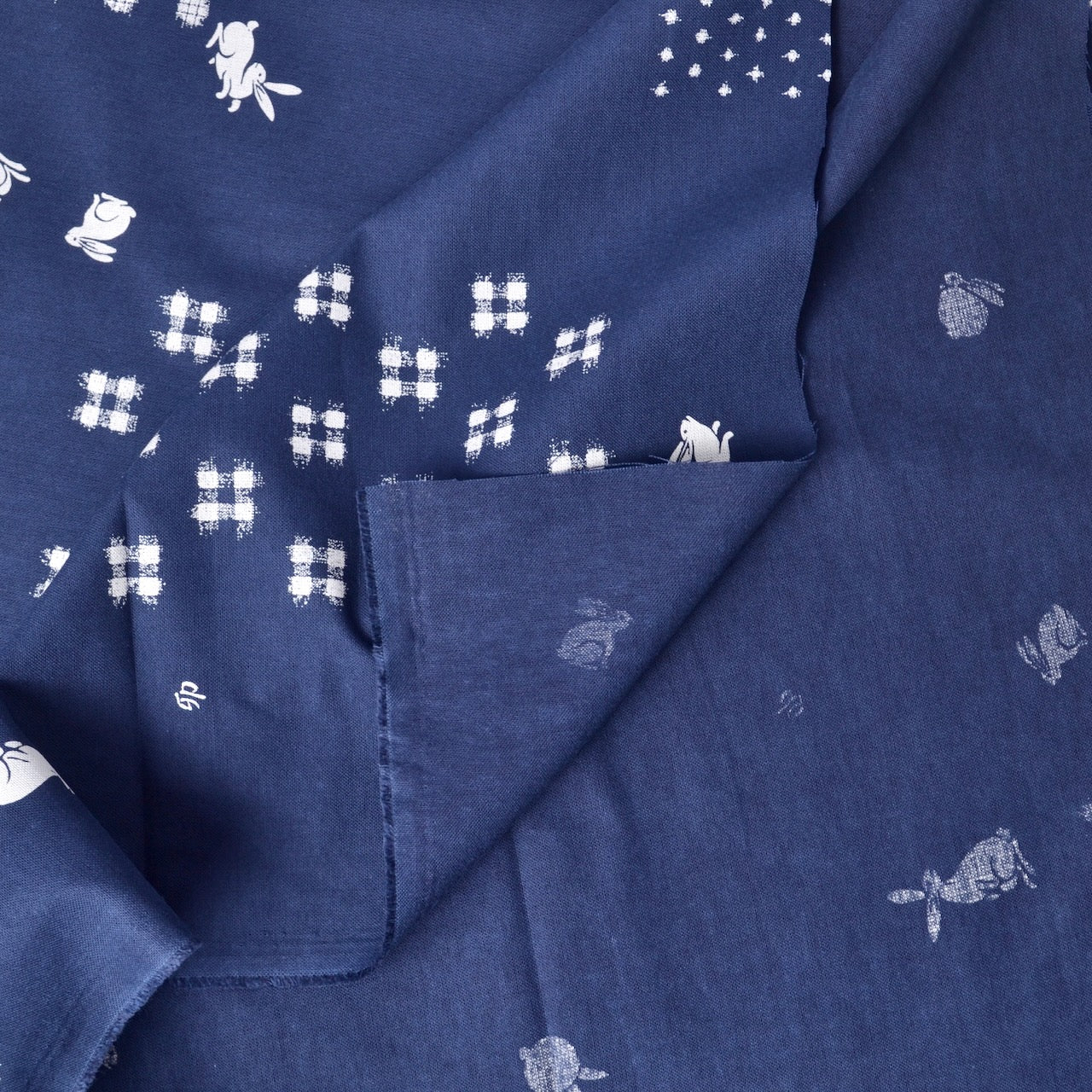 Fabric with Japanese Printed Kasuri Patterns, Blue, with Bunnies