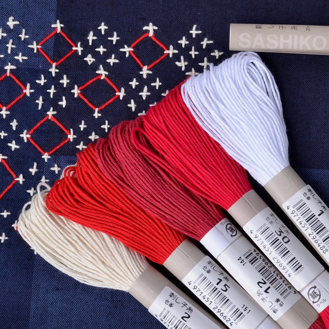 red and white 20 meter sashiko threads