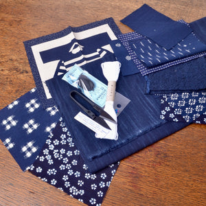 Wagara fabric boro kit with thread, thread snips, thimble and sashiko needle