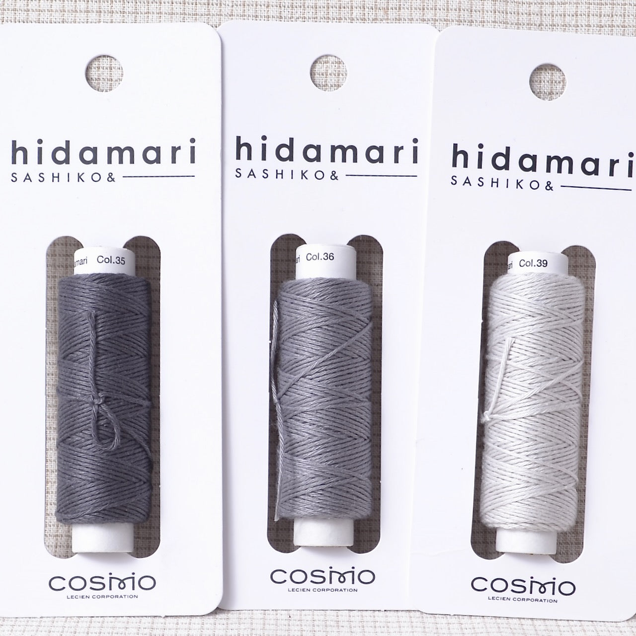 Three grey colours of Hidamari sashiko thread