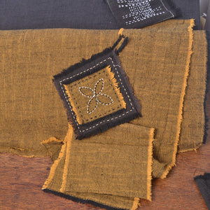 sample of Japanese Yarn-dyed Slub Cotton Cloth, Ukon unwashed, washed and stitched and washed (machine washing)