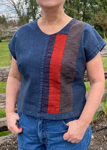 summer top stitched from blue sashiko style fabric