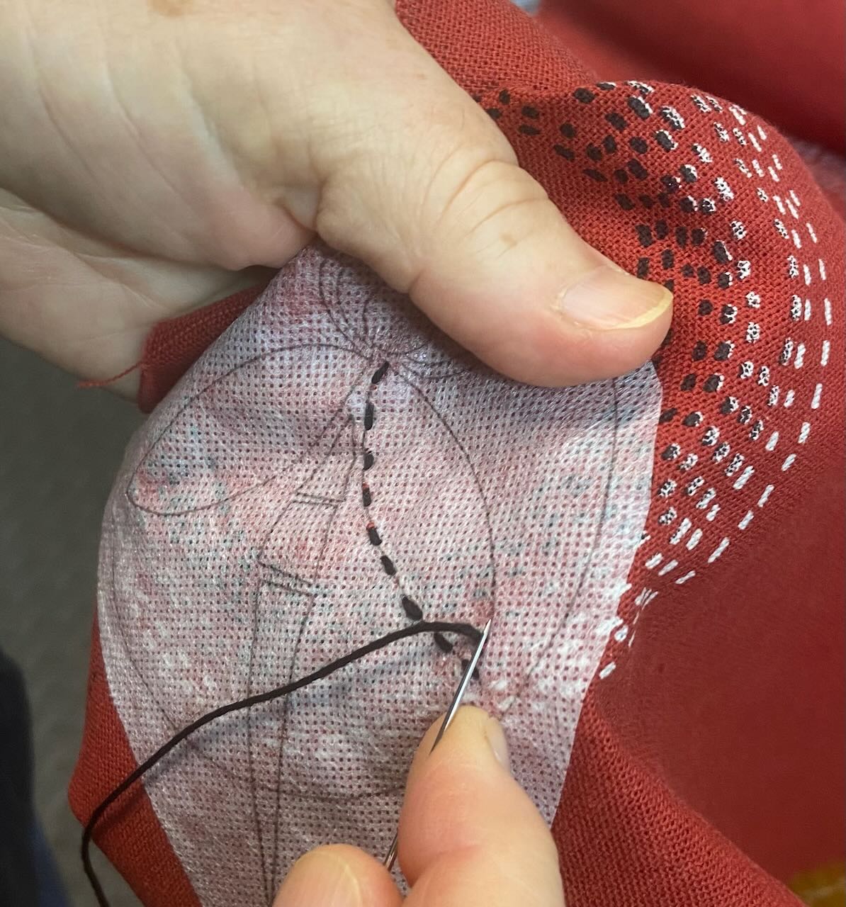 sashiko stitching dragonfly using dissolvable peel and stick product