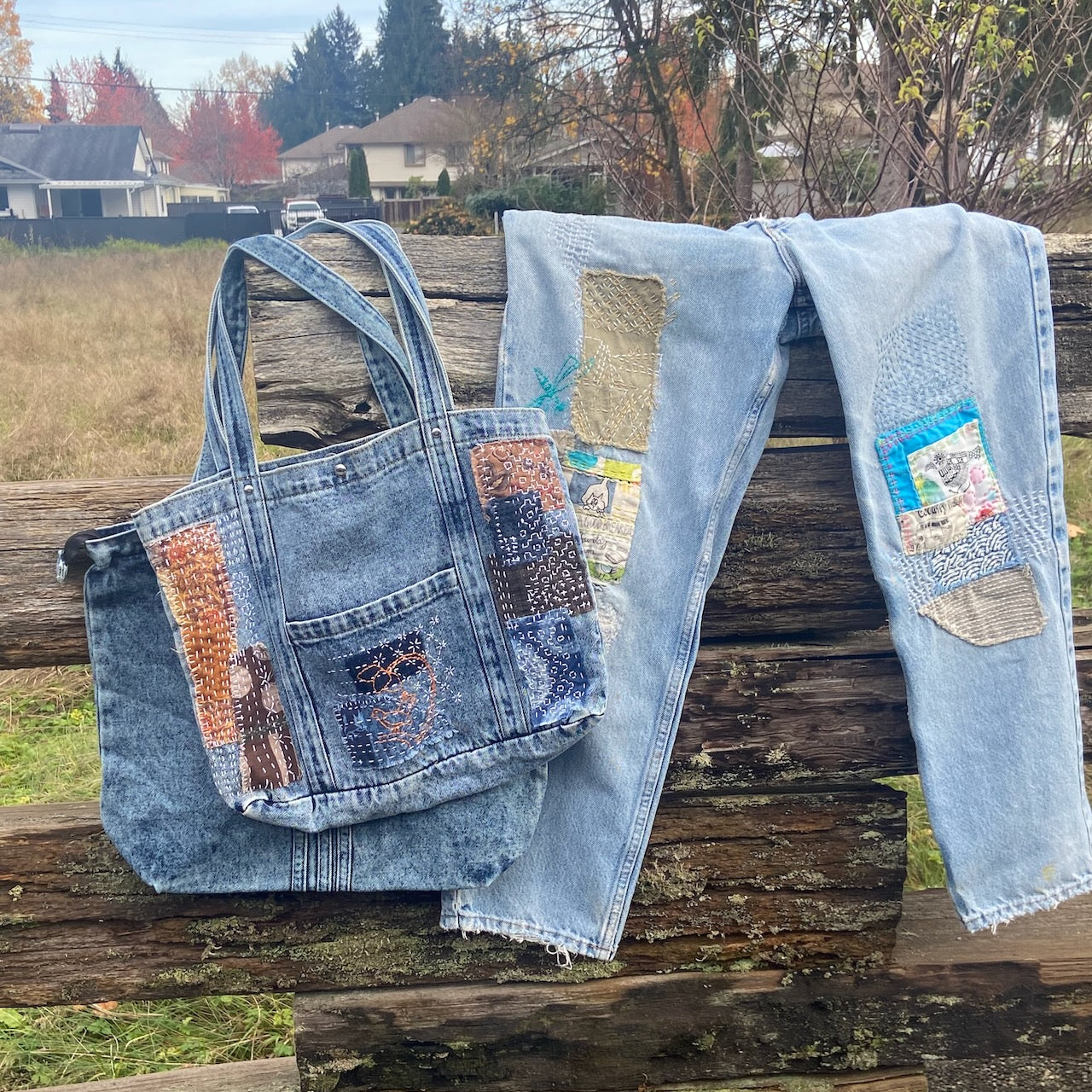 samples of denim with visible mending and boro style stitching