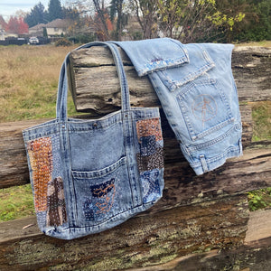 examples of boro style stitching on denim bag blank