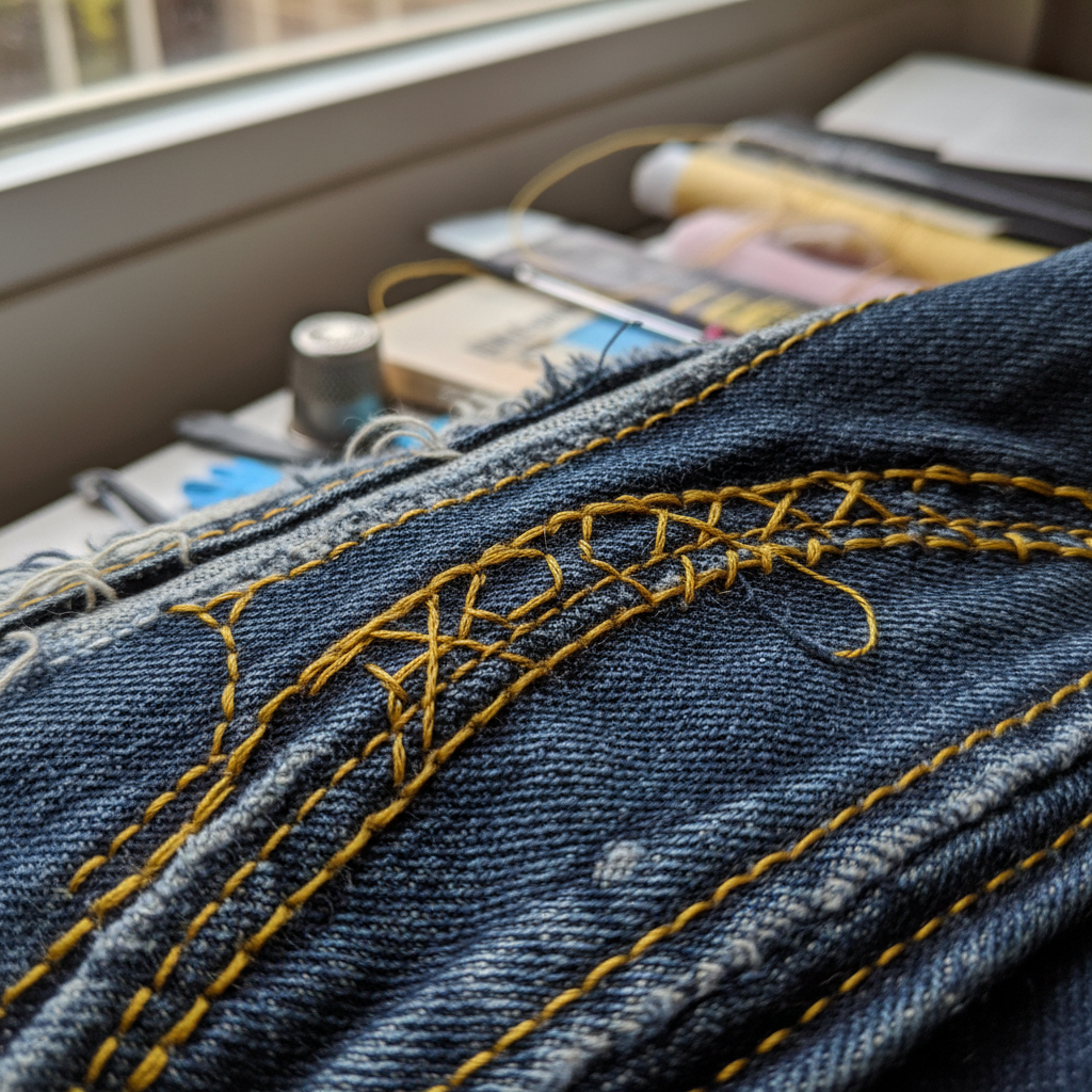 Yellow top stitching on denim seam