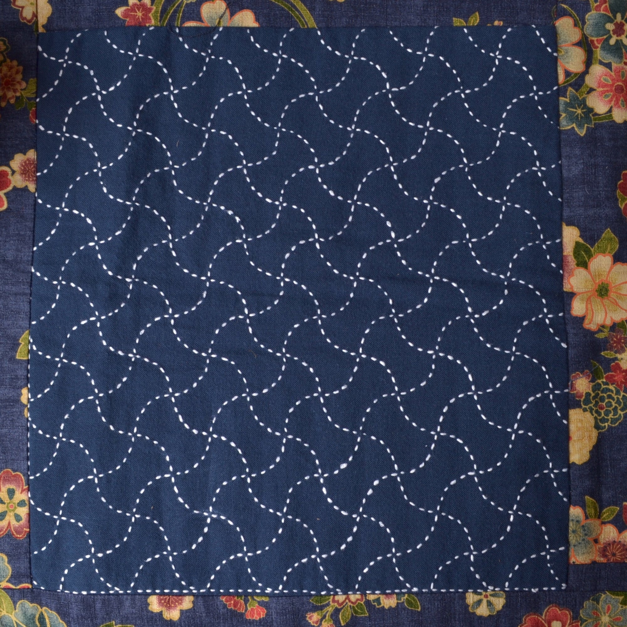Cotton sashiko fabric with wash-out seven treasures pattern, blue
