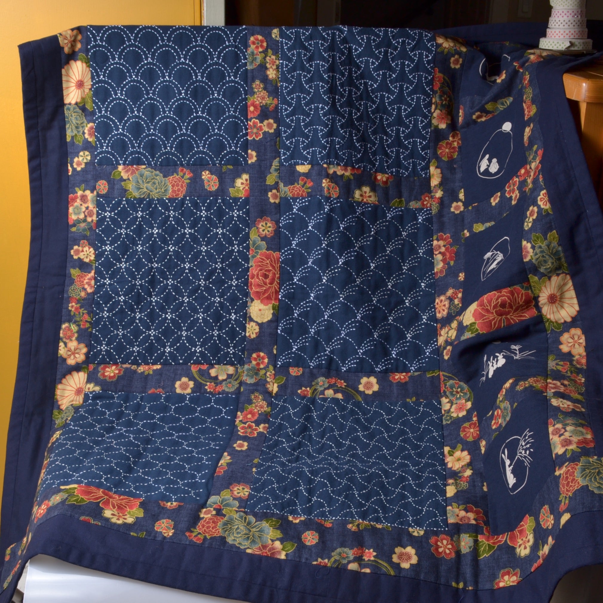sashiko quilt made from preprinted Olympus sampler fabrics