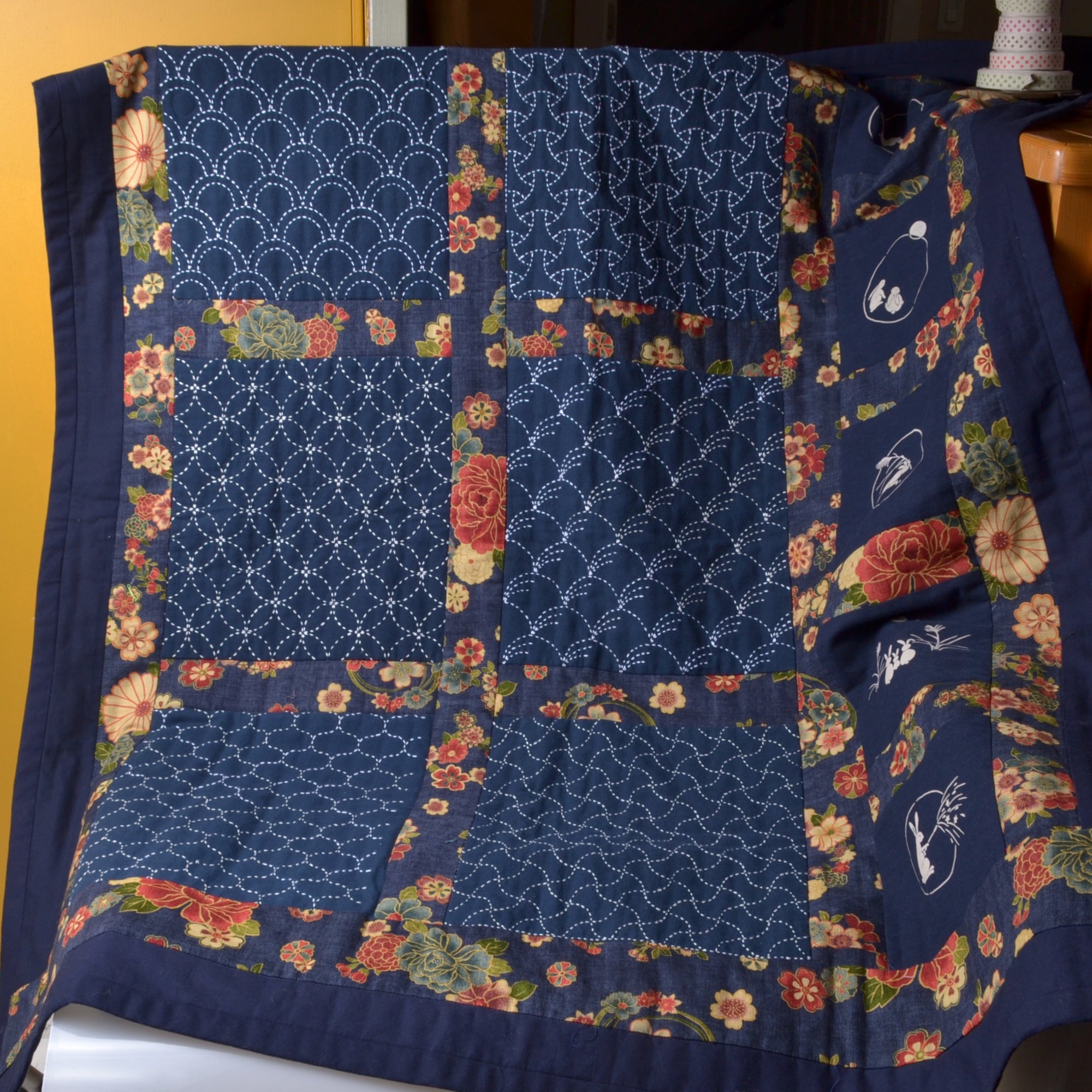 quilt with sashiko preprinted sampler blocks