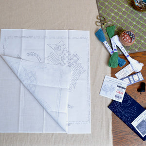 ready to stitch sashiko fabric sampler, showing both sides of fabric