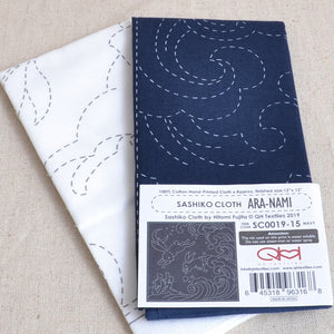 Navy and white variations of ready to stitch Sashiko clothQH Textiles sashiko cloth fabric kit, ara nami