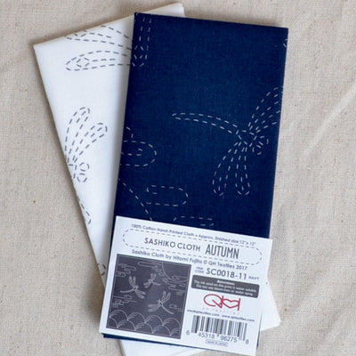 Blue and white variations of Sashiko pre printed cloth, Autumn Sky